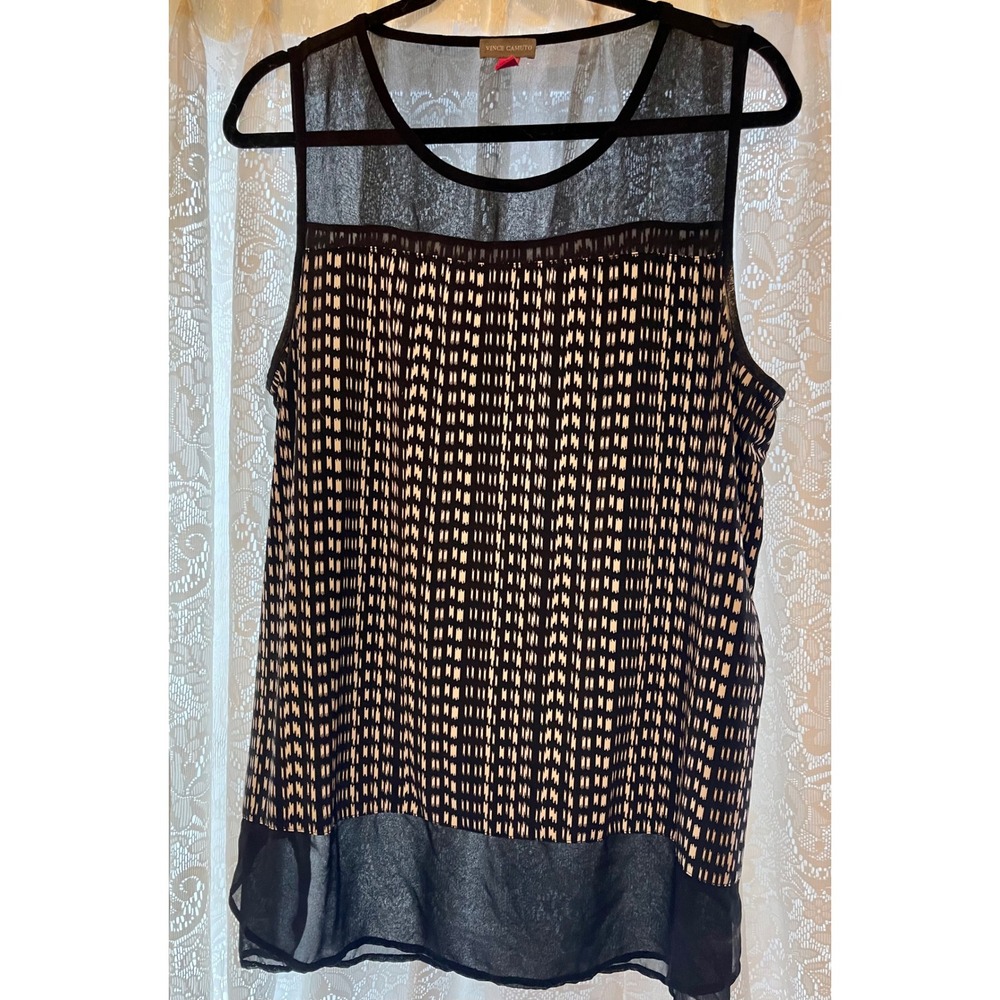 Women's Vince Camuto Black White Abstract Mesh Yoke & Hem Sleeveless Top XL EUC - Picture 3 of 7